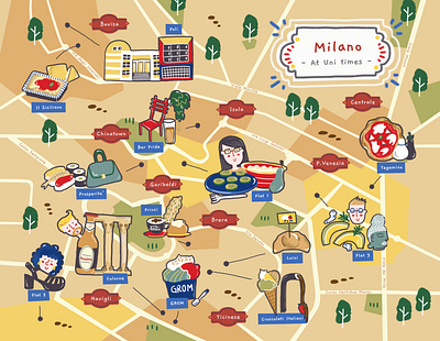 Milano Map 📍🇮🇹 city city illustration flat flatmate food foodie friends friendship ice cream illustrated map illustration italian food italy map memories milan milano pizza study university