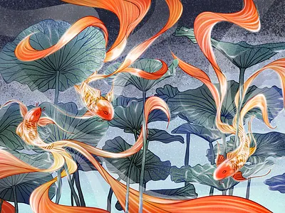 Lucky Fish 锦鲤来啦！ fish fun illustration lotus lucky scenery shiny
