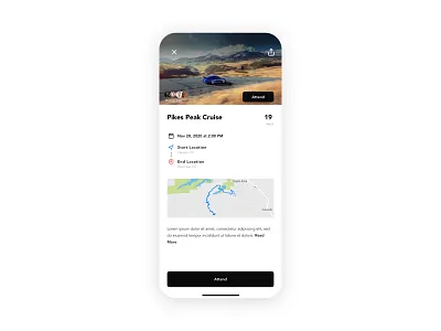 Events Page app app design automotive black car design event ios map minimal scheduling ui ux white