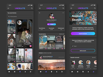 New social network app (dark mode) account dark app dark mode figma gradient interface mobile app mobile app design social app social network socialmedia