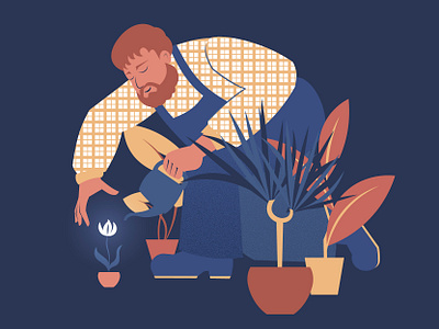 Happy gardener vector illustration. care cartoon character design flower flower illustration garden gardener gardening happy hobby house plant household illustration lifestyle man people person plant vector