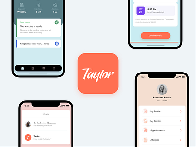 Taylor - allergy smart clinic allergy app cards cards ui chat clinic design flat health health app health care healthcare icon orange tracker ui ux vector