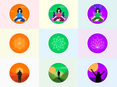 Achievement Badges set 2 achievement badges character colorful concept emblem enamel enamelpin enlightened illustration logo logodesign patch peace serene soulmate travelling yoga zen