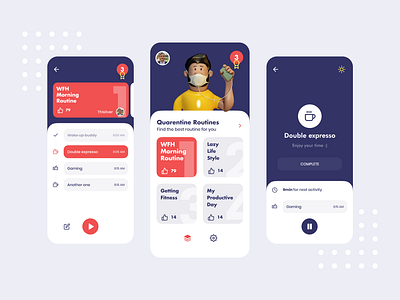 Find the best routine for your day - Quarentine Routines App 3d android app cinema4d corona covid 19 design illustration interface ios mobile ui uiux