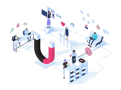 Inbound marketing concept illustration design illustration inbound marketing isometric landing page management online people promotion retention social media target vector web web design