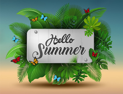 Hello Summer sign with Tropical Leaves and butterflies adobe illustrator butterflies design green hello holiday illustration leaves nature season seasonal sign summer tropical vacation vector