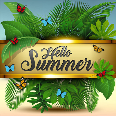 Hello Summer sign with Tropical Leaves and butterflies adobe illustrator butterflies design green hello holoiday illustration nature season seasonal summer vacation vector