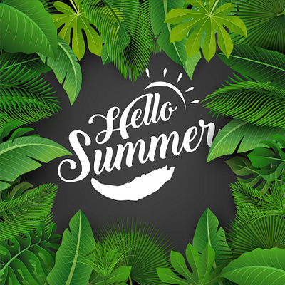 Hello summer sign with Tropical Leaves adobe illustrator butterflies design greetingcard hello holiday illustration season seasonal summer tropical tropical flyer tropical leaves vacation vector