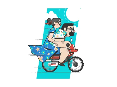 Spring Time Ride bike flowers illustration moped race ride spring sun