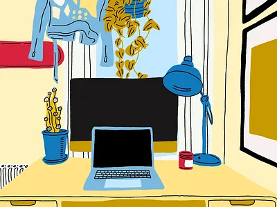 VIEWS apartment cactus candle coat desk home jacket lamp macbook office perspective plant plants room setting skateboard table view window work