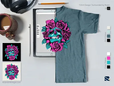 Surrounded by Roses T-Shirt Illustration adobe draw apple pencil design illustration illustrator photoshop roses sketch skull vector