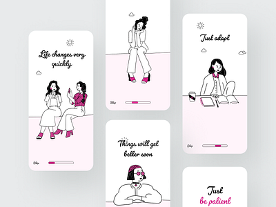 on-boarding self care app girl girls hand drawn hand lettering handdrawing illustration mobile onboard onboarding onboarding screen onboarding screens onboarding ui outline pink ui uidesign