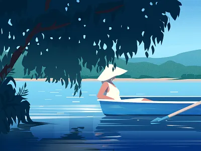 Lake art girl illustration landscape sky vector water woman