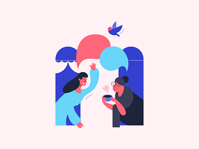 Small talk to next door neighbor apartments bubbles character coffee colorful communication conversion covid19 female flat design illustration neighbor old lady society stay home talking vector waving