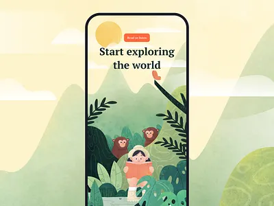 Start Explore The World 2d affinitydesigner app art books characterdesign color dailyui flat girls illustration jungle monkey people plants vector