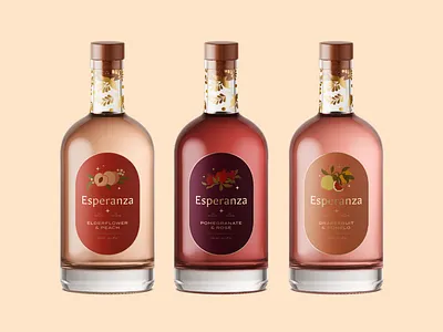 Esperanza | Bottle Labels beverage packaging bottle label brand identity branding branding design grapefruit mocktail packaging peach rose