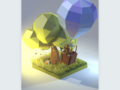 Hot Air Balloon 3d 3dart 3dillustration 3dmodeling airballoon cinema4d diorama dog hotairballoon illustration isometric low poly lowpoly lowpolyart render renders wind