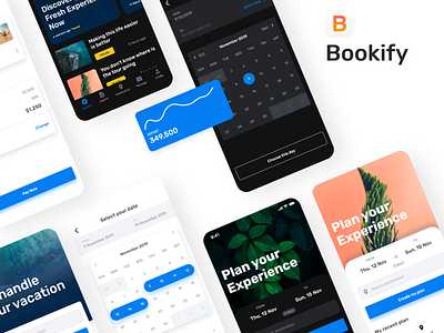 Bookify UI Kit for Travel Booking App adobe xd app booking app booking system dark mode dark ui design system dribbble best shot google font ios app design mobile app styleguide ui ui design uiux