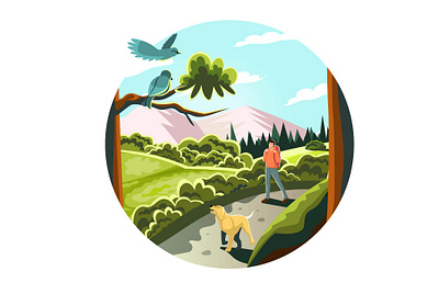 A man walks in the woods cartoon colorful day design dog flat forest illustration illustrator man minimal vector walk walking