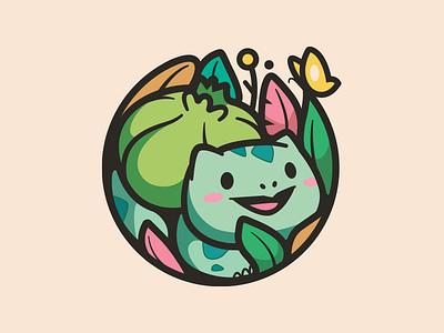 Bulbasaur butterfly leafs animal character cartoon earth day logo identity happy friendly illustration cute fun pokemon nature plant