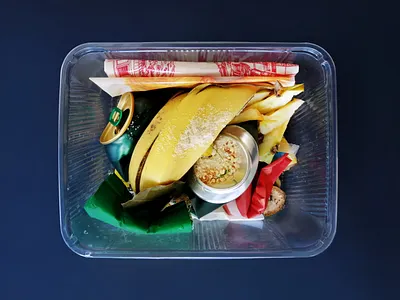 Plastic box food waste leftovers garbage ensemble collage container dirty ensemble environment package peel peelings product recycle recycling trash used