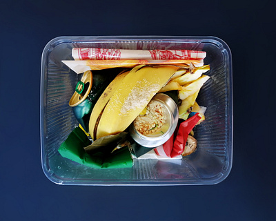 Plastic box food waste leftovers garbage ensemble collage container dirty ensemble environment package peel peelings product recycle recycling trash used