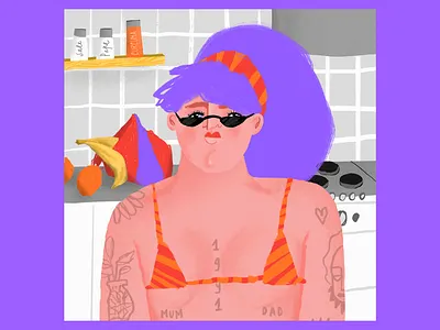 Ready for the balcony balcony banana character character design curcuma illustration kitchen orange pepe procreate purple quarantine red sale sun sunglasses susan bijl tattoo tattoos