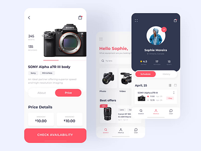 Photo equipment rent app iOS mobile interaction android animation app application application design camera camera app clean design interaction interaction app design ios menu mobile motion profile rent screens ui ux