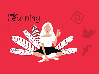 enjoy learning beautiful book caracter cute design enjoy girl illustration learning leaves sitting vector