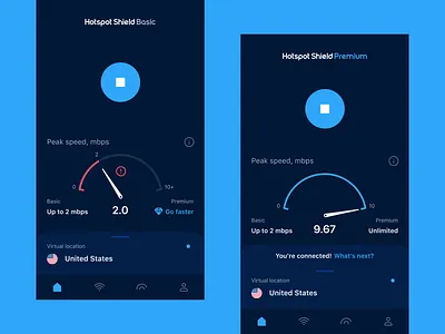 Hotspot Shield VPN — Connection Speed on iOS app bottom connection dashboard location menu mobile navbar speedometer stop virtual