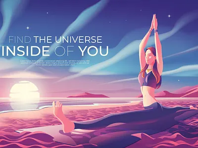 Find the Universe Inside of You beach beautiful cmyk concept hanumanasana illustration landingpage morning yoga peaceful poster shore sky sunrise vectorart yoga
