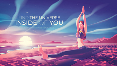 Find the Universe Inside of You beach beautiful cmyk concept hanumanasana illustration landingpage morning yoga peaceful poster shore sky sunrise vectorart yoga