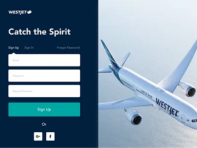 WestJet Onboarding Page daily ui challenge dailyui design fields motion design onboarding screen onboarding ui plane sign in sign in page sign up sign up form sign up ui split screen the spirit ui ui beginner web westjet