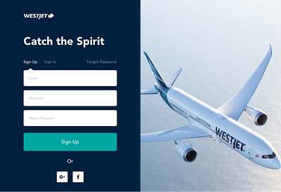 WestJet Onboarding Page daily ui challenge dailyui design fields motion design onboarding screen onboarding ui plane sign in sign in page sign up sign up form sign up ui split screen the spirit ui ui beginner web westjet