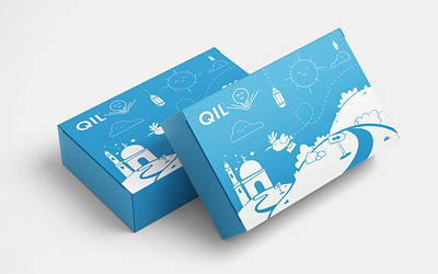 QIL subscription box bird blue blue and white branding design flyer icon idea illustration islam logo mosque package packaging quran smile subscription box sun