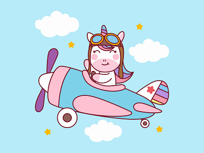 Unicorn Pilot Illustration cartoon character children colorful cute draw flat fly illustration kids mascot plane unicorn vector