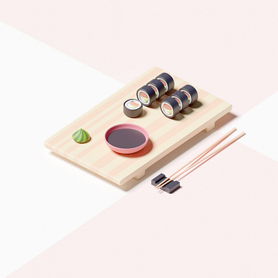 Sushi Breakfast blender blender 3d blender3d blendercycles bowl challenge chopsticks clean lowpoly minimal pink plate render smooth soy soy sauce sushi wasabi weekend wooden