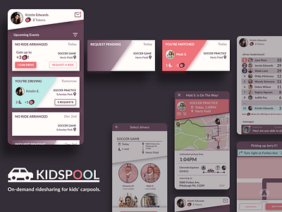 KidsPool - On-demand Ridesharing for Kids' Carpools app branding card cards dark theme dark ui design figma flat gamified glow gradient mobile mobile app mobile app design ui uidesign uidesigns uiux userinterface