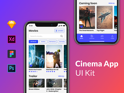 Cinema App app cinema figma film home mobile movie psd sketch theatre ticket xd