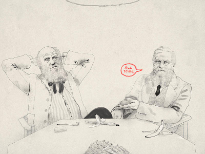 "We all remember Charlie" black and white derek bacon drawing evolution history illustration line drawing portrait science