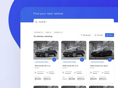 Vehicle Listings Page automotive blue car car dealership cards cards ui cars design flat honda listings srp ui