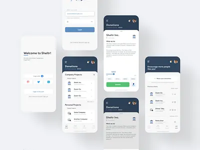 Sheltr App - Social Donation Network app bank company digital bank donations flat login minimal mobile mobile banking mockup onboarding sharing social media ui ux