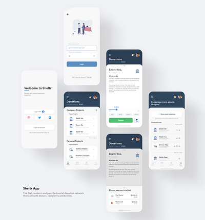 Sheltr App - Social Donation Network app donations flat minimal mobile mockup sharing social media ui ux