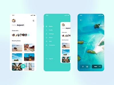 PhotoShare App easy shoot mobile app photo preview photos share side menu snap app ui uidesign ux ux design