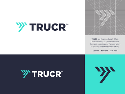 TRUCR - Logo Design ⏩ arrow connect core data lettermark logistic logo design monogram motion move movement platform saas software supply chain symbol t tech transport truck