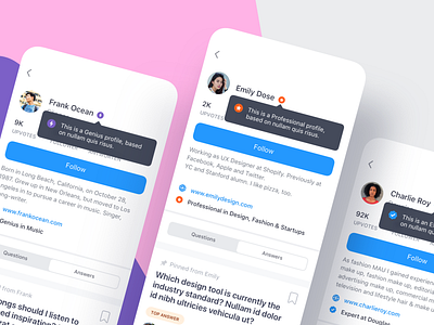 Social Profiles Exploration answers app clean dashboard design expert follow genius message mobile pin message professional profile quesk questions social profiles ui user experience user interface ux