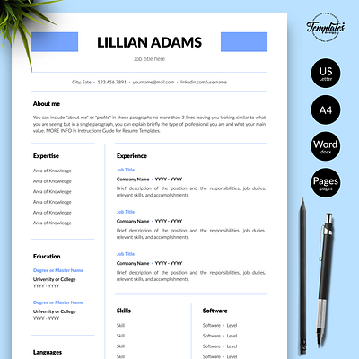 Simple Resume for Word & Pages “Lillian Adams” 1 page cv 2 page cv 3 page cv basic resume classic resume clean resume curriculum vitae cv design cv template professional resume resume cover letter resume for word resume template resume template word resume word simple resume standard resume