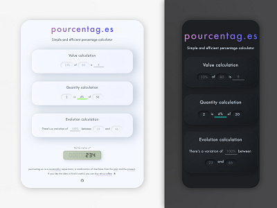 Neomorphic percentage calculator · pourcentag.es automatic calculator dark mode design digital screen hit counter lcd screen minimal minimalism neomorphism neumorphism open source percentage visitor counter web webapp webdesign