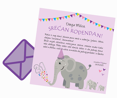 Greeting card birthday birthday card card date decoration design elephant envelope font friend friendly greeting card happiness happy birthday illustration roommate surprise tipography violet year