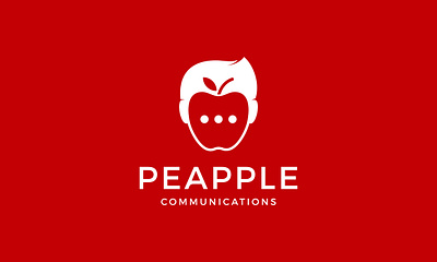 PEAPPLE COMMUNICATIONS apple chat communication concept design face fruit head illustration logo men negative space negative space logo people red social speak speech talk